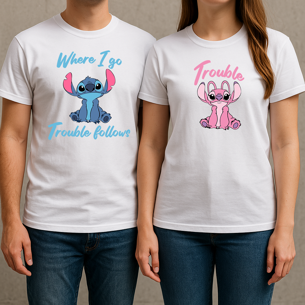 Set 2 tricouri pentru cuplu "Trouble Follows"