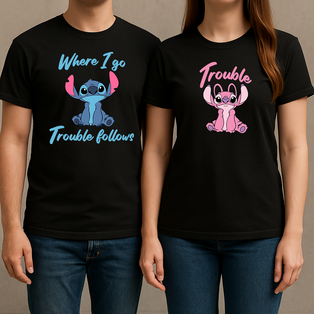 Set 2 tricouri pentru cuplu "Trouble Follows"